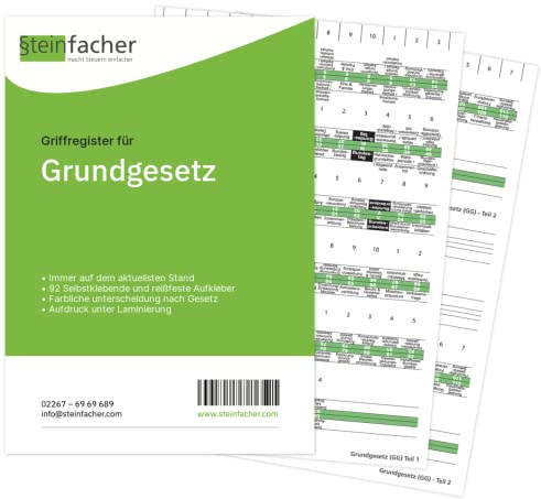 Steinfacher Griffregister für das GRUNDGESETZ - 92 bedruckte Aufkleber, inkl. Einklebeschablone für gebundene Textausgaben (Folien | fest | mit Überschrift)