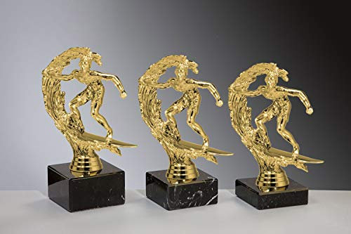 Henecka 🏄 Surf Pokal Wellenreiten Trophäe Schraubfigur Surfer Board Welle Gold, Marmorsockel schwarz, mit Wunschgravur, wählbar in 3 Größen oder als 3er-Serie (Sockel 65 x 20 mm)