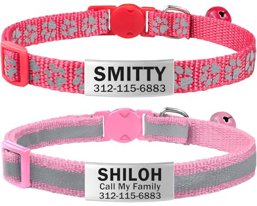 TagME 2er Pack Katzenhalsband mit Namen und Telefonnummer, Katzenhalsband mit Sicherheitsverschluss und glöckchen, 18-31 cm für Katzen, Rosa