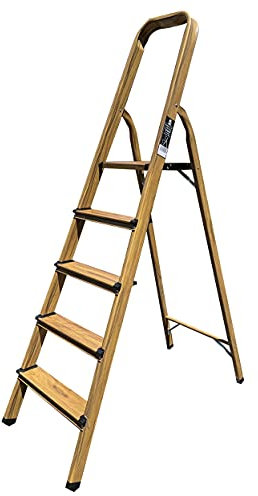 KELI - Escabeau Domestique, Marchepied, Fabriqué en Aluminium Finition Bois (Chêne Naturel) (5 Marches (Hauteur de Travail 2,47))