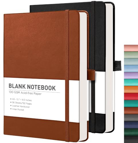 RETTACY Blanko-Notizbuch, A5, blanko, 2 Stück, 384 Seiten, unliniert, Notizbuch mit 100 g/m² leerem Papier, Stifthalter, Innentasche, für Skizzen, Schule, Damen, Herren, 14,5 x 21 cm, Schwarzbraun