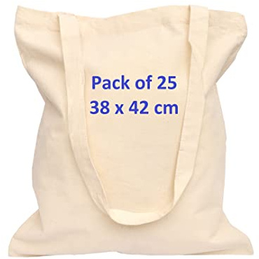 EXPERTEX Canvas Tote Bag Bulk -Cotton reusable shopping grocery bags- Carrier eco-friendly Designed for fabric paint, Art, Screen printing Crafts Decorating-Size 38x42cm+70cm (Pack of 25-Natural)