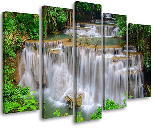 Feeby Bild Auf Leinwand 100x70 cm Kaskade Wasserfall Natur 5 tlg Modern Vlies Bilder Wandbilder Wand Wanddeko Design Wohnzimmer Schlafzimmer Flur Büro Wald Felsbrocken Wasser Grün