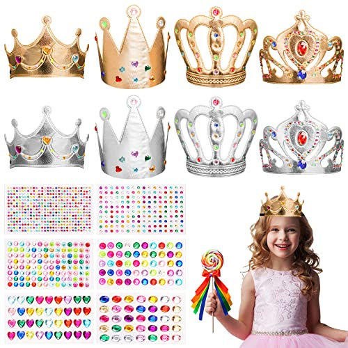 Cappelli a Corona, 8Cappelli a Corona per Feste e 6 Adesivi Strass, Cappello con Corona d'oro con 4 Stili, Cappelli a Corona Bambini per Varie Attività, Cappello di Compleanno per Bambini(Oro/Argento)