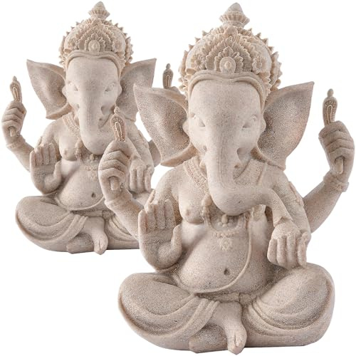 MINGZE 2 Piezas Estatua De Elefante Hindú, Resina Arenisca Tradicional Ganesh Buda Escultura Piedra Ganesha Dios Decoración De Regalo para Hogar Jardín Coche