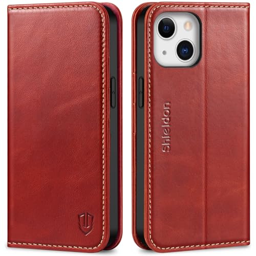 SHIELDON Rindsleder Hülle für iPhone 13 6,1, Retro Rot | RFID-Sperre, Kartenfach, Standfunktion, TPU Klapphülle, Magnetische Handyhülle, Schutz Lederhülle, Cover Case