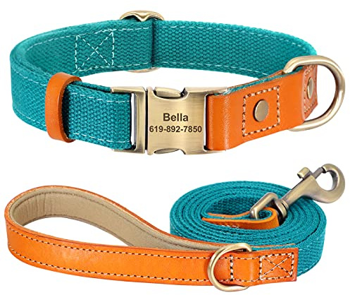 Personalisiertes Hundehalsband-Leine-Set Aus Nylon,Personalisierbar,Echtes Leder,Haustierzubehör,Halsbänder,Leinen Für Hunde,Katzen,Perros,Hundebedarf,Blue,S
