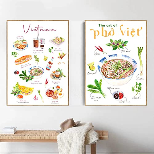 RVCKVS Vietnam Food Coffee Pho Poster Kunstdruck Definition Poster Küche Asiatische Küche Restaurant Wanddekoration Leinwand Gemälde 40x55cm-2Pcs Frameless