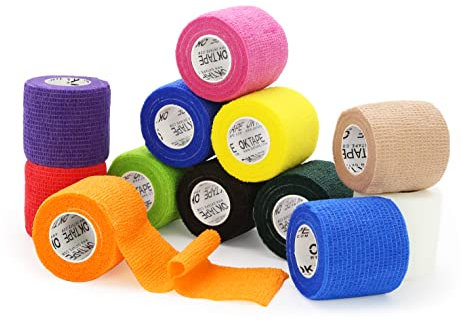 OK TAPE Benda Elastica Adesiva Coesiva autoadesivo sportivo wrap 12 Rotoli, 5cm x 4.5m, nastro adesivo non tessuto sportivo per Mani, Piedi, Ginocchia, Braccia, Colore Misto