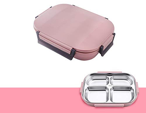 TAHALI Fiambrera de Acero Inoxidable con Juego de Bolsas, portátil, a Prueba de Fugas, for niños, pícnic, contenedor Escolar, fiambreras (Color : 4 Lattice Pink)
