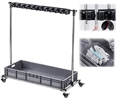 OURECO Organizador de Soporte para Escobas con Ruedas Soporte para Escobas Y Trapeadores Soporte para Trapeadores Móvil de Acero Inoxidable para Colocar Trapeadores Húmedos Organizador de Herramientas