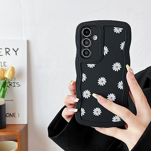 ZTOFERA Case for Samsung Galaxy A34 5G, Cute Curly Wave Frame Daisy Pattern Liquid Silicone Case, Flexible Shockproof Protective Bumper Cover for Samsung A34 - Black