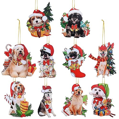 Gukasxi 10 Stück Weihnachtsanhänger Hund Weihnachtsbaumschmuck, 2D Acryl Hund Weihnachtsdeko Niedlich Hund Weihnachtsbaum Hängende Anhänger Hund Auto Anhänger Deko Geschenke für Hundeliebhaber