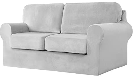 SYLC Sofa Cover with Separate Seat Cushions and Backrests Stretch Velvet Sofa Slipcover Couch Covers Furniture Protector Split Combined (Light grey,2 Seat Set 5 PCS)