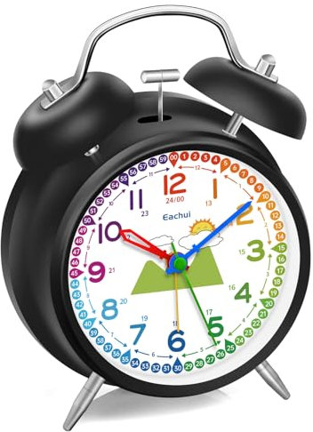 Eachui Doppelglockenwecker mit Nachtlicht, analoger Wecker für Kinder ohne Ticken, lauter Alarm, geräuschlos, batteriebetrieben, Retro-Design für Jungen und Mädchen (Schwarz)