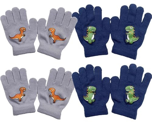 EUPSIIU 4 Paires Gants Magiques pour Enfants Gants D'hiver Doigts complets, Mitaines Extensibles, Gants pour Enfants Dinosaures, Gants Chauds tricotés, 6 x 2,36 Pouces (Marine, Gris) (Marine, Gris)