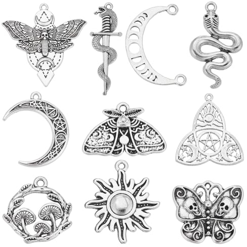 SUNNYCLUE 40 Stück 10 Stile Gothic Charms Tarot Charms Bulk Goth Tibetisch Antiksilber Motte Schmetterling Schädel Mondphase Schlange Magischer Charme Bulk Für Die Schmuckherstellung Charme Ohrring