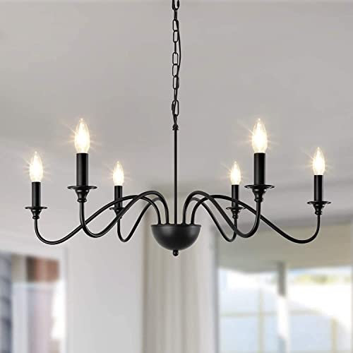 PADMA Kronleuchter Schwarz, Pendelleuchte Esstisch 6 Flammig, Vintage Hängeleuchte Mit 6*E14 Fassung, Deckenlampe Schwarz Für Wohnzimmer Schlafzimmer Küche Flur Bauernhaus Halle