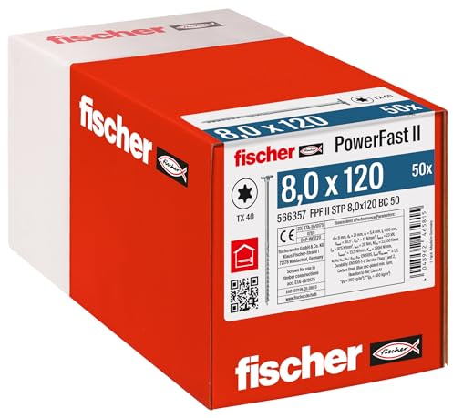 fischer - Vis de charpente PowerFast FPF II STP 8,0x120 revêtement zingué, Filetage partiel, tête fraisée Plate avec Empreinte Torx/Boîte de 50