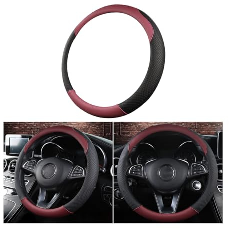 CGEAMDY Lenkradbezug Auto, Mikrofaser-Leder-Lenkradabdeckung, Sport Anti Rutsch Universal Lenkradbezug, Lenkrad Abdeckung Echtes Leder(Burgundy Schwarz)