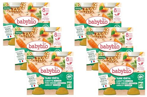 BABYBIO - Petits pots - Tajine de légumes - Petits légumes de nos régions Boulghour Abricots d'Occitanie - 8+ mois - 2 x 200g - BIO - Lot de 6