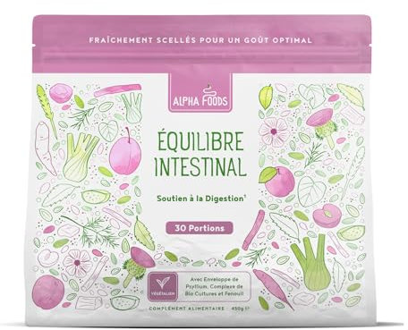 Equilibrio intestinale | Fibre in polvere 450 g | Bucce di Psillio, Inulina da Cicoria | Prebiotici e Probiotici per intestino | 3,2 miliardi di CFU | Psyllium Husk Vegano | Alpha Foods
