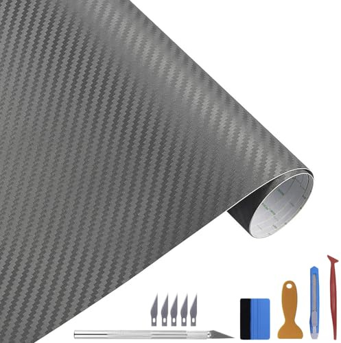 NewL 3D-Vinylfolie aus Karbonfaser, mit Luftabgabe, Grau 30 x 300 cm | 3D Carbon-Faser-Optik, Montagewerkzeug inkl., DIY Selbstklebende, flexibel dehnbar, wetterfest, für Auto Motorrad Möbel