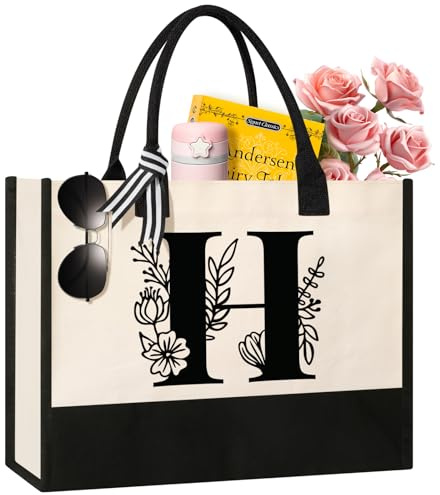 Tecanne Personalized Initial Canvas Tote Bag, Cosmetic Bags, Suitable for Birthday, Wedding, Beach, Holiday, Great Birthday Gifts for Women, Mom, Teachers, Nurses, Best Friends, Bridesmaids (H)
