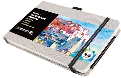 Diario de Acuarela Funto, 8,5 x 5,5, 48 Páginas, Prensado en Frío, Bolsillo Interior de Papel y Banda Elástica, Material de Arte para Técnicas Mixtas