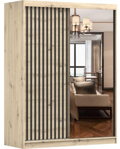Fabryka Mebli Idźczak Kleiderschrank mit Spiegel, Lamellen, Schiebetüren - Schwebetürenschrank, Schlafzimmerschrank - Schrank für Schlafzimmer, Ankleidezimmer, Garderobe - Modern Design
