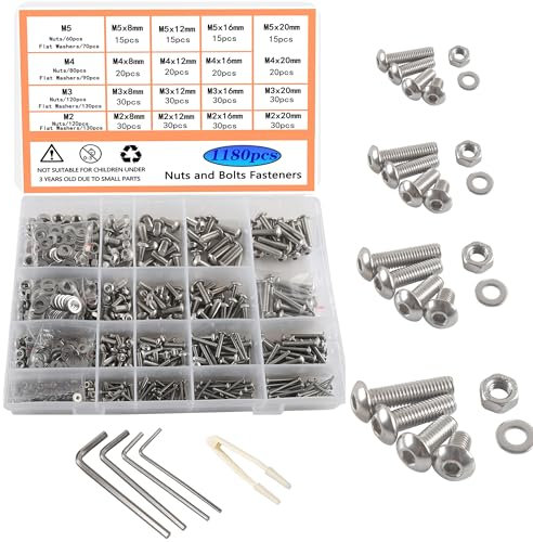 HVDHYY1180pcs Viti Bulloni e Dadi Set M2 M3 M4 M5 Viti Acciaio Inossidabile A2-70 Dadi Rondelle Assortimento Di Bottoni Cavi con Scatola Immagazzinaggio