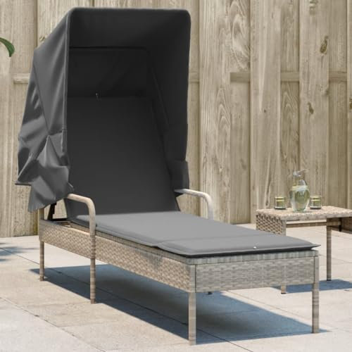 Gecheer Sonnenliege mit Dach, Gartenliege Strandliege Relaxliege Saunaliege Gartenmöbel Liege, Hellgrau Poly Rattan