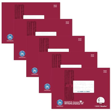 Staufen premio Notenheft - 5 Musikhefte je 8 Blatt, Lin N, DIN A5 quer, 90 g/m², 6 Notensysteme