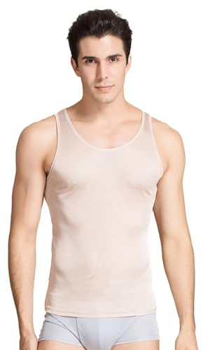 BrightGlow Canottiera in seta da uomo, senza maniche, shapewear, canottiera sportiva, senza cuciture, a compressione, senza maniche, con scollo rotondo, canottiere sportive da uomo, beige., L