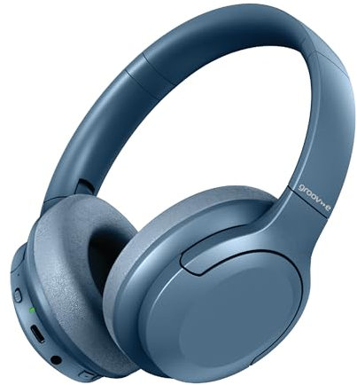 groov e Rhythm Wireless Headphones - Active Noise Cancelling Headphones with 32Hrs of Audio Playback - Bluetooth & 3.5mm Audio Jack - Blue