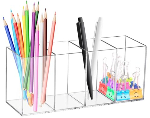 TESSTSY 4 fack pennhållare av akryl, pennhållare i akryl, transparent, penselhållare kosmetika, akrylpennhållare, för kontor, skola, hushållsbehov (22,5 x 7,6 x 9,5 cm)