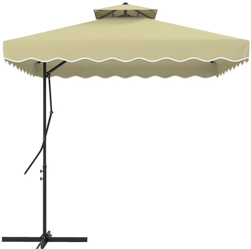 Outsunny Ombrellone Decentrato 2.5x2.5 m con Apertura a Manovella, Base a Croce e Balze, Ombrellone da Giardino con Doppio Tetto in Metallo e Poliestere 160 g/㎡, Protezione UV, Beige