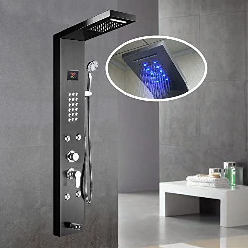 Panneau de douche en acier inoxydable 304 noir avec pommeau de douche à LED cascade et pommeau de douche à 4 jets et bec de baignoire 6 fonctions
