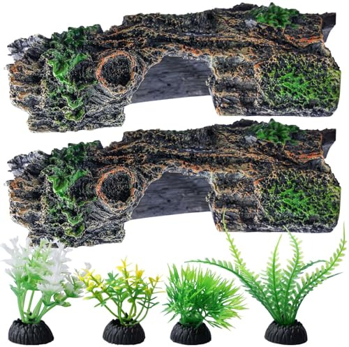Behogan 2 Stück Aquarium Höhle, Künstliche Wasserpflanzen, Betta Buntbarsch Versteck, Hohle Baumstamm Harz Verzierung, Landschaft Dekoration für Reptilien