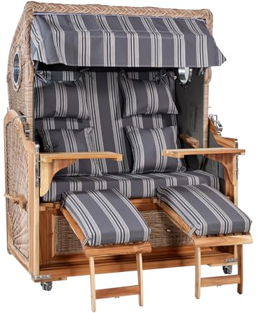 Webavita Strandkorb Bali Teakholz | 2,5-Sitzer | Montiert | Geflecht Grau | Bezug Grau Gestreift | Halblieger | Beach Chair für den Garten Terrasse Balkon