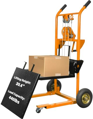 Tory Carrier Material Lift Winch Stacker, 440 lbs Capacity Pallet Stacker, 35.4 Lifting Height, Pallet Truck Dolly, Swivel Casters Lift Table Cart, Forklift with Steel Platform(Yellow)