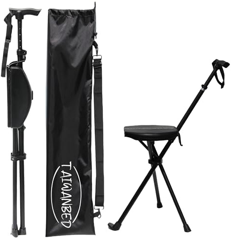 TAIWANBED Bastone da passeggio pieghevole 2 in 1 con sedile, bastone da passeggio in alluminio antiscivolo (portata: 250 kg), con seduta in poliuretano, piedini antiscivolo e borsa per il trasporto