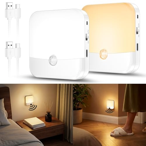 daphomeu 2 Stück Unterbauleuchten mit Bewegungsmelder, Dimmbar und 3 Lichtfarben, Wiederaufladbare LED Treppenlichter, kabellose Nachtlichter für Schlafzimmer, Flure, Kinderzimmer und Schränke