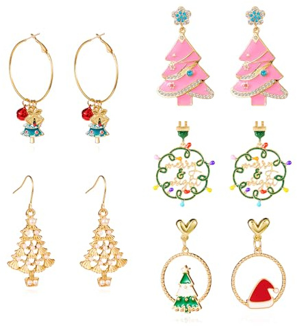 XFSRG Juego de Pendientes de Navidad para Mujer 5 Pares de Pendientes Colgantes con Árbol de Navidad Campana Corona y Colgantes Joyería Festiva para Fiestas