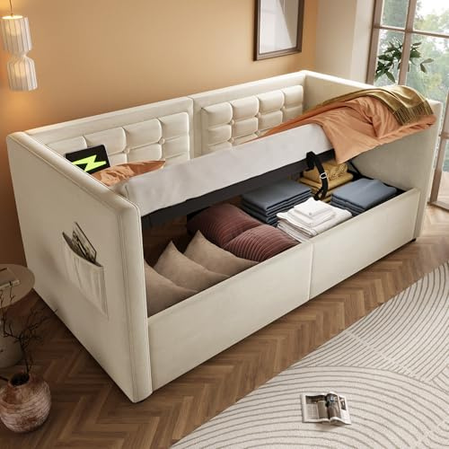Miyemo Day Bed, 3ft Upholstered Single Bed Frame with Storage, Ottoman Sofa Bed with Charging-Station & Hydraulic for Living Room/Bedroom, Velvet, Beige, (No Mattress)