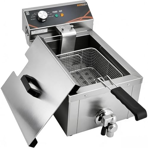 PATIOZA 6L Commercial Electric Deep Fryer with Oil Valve, 3000W Stainless Steel Deep Fat Fryer with Basket & Lid for Home & Restaurant