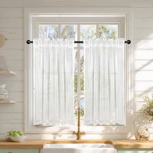 aiyraa Lot de 2 rideaux brise-bise modernes, courts, blancs, 63,5 x 61 cm, pour bistrot, cuisine, cuisine, fenêtre, courts, avec passe-tringle