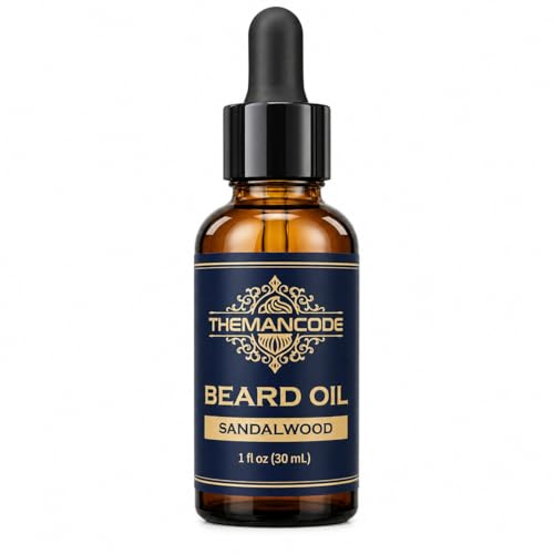 THEMANCODE skäggolja för män, sandelträ, skäggvård med naturliga jojoba- och druvfröoljor, gör mjuka, stärker och återfuktar, fars dagspresenter