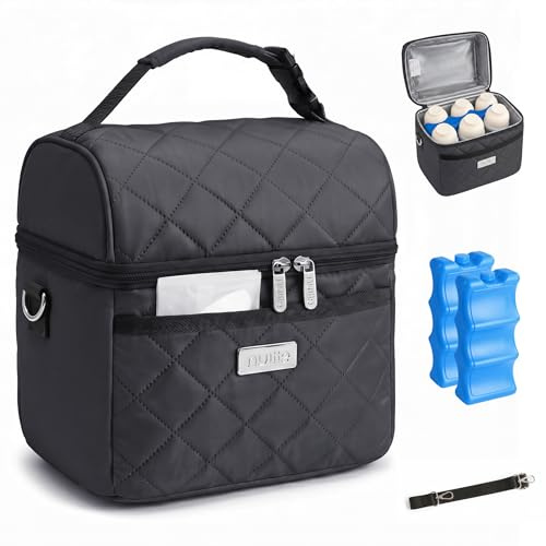 Nuliie Breastmilk Cooler Bag with 2 Ice Packs, Fits 6 Baby Bottles Up to 10 Ounce, Four Layer Insulated Baby Bottle Bag for Daycare, Breast Milk Cooler with Pocket, Strap & Buckle, Waterproof, Grey