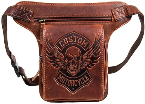 Biker benväska herr läder, motorcykel höftväska vintage, droppbenväska med lårrem, anpassad dödskalle design, Slät brun, Einheitsgröße, Motorcykel benväska läder i vintage bikerstil